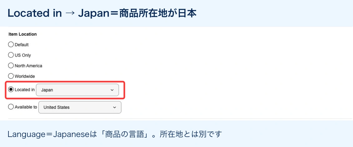 Item LocationでLocated inを選びJapanを指定した実画面