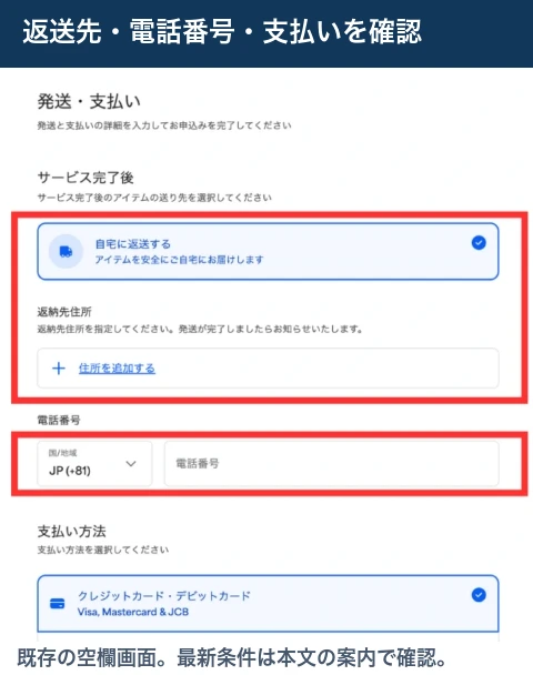 PSAの返送先住所と電話番号を設定する空欄画面