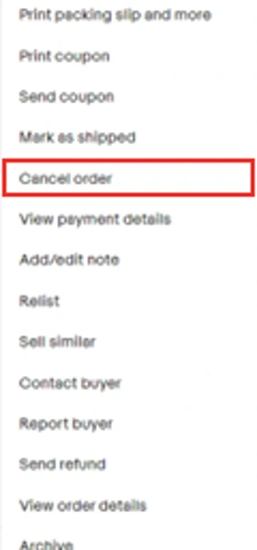 eBay公式の注文操作メニュー例。赤枠のCancel orderが注文キャンセル