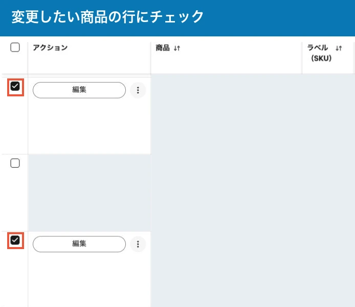 eBay販売中一覧。変更したい商品の行のチェックボックスを赤枠で表示。商品情報は非表示