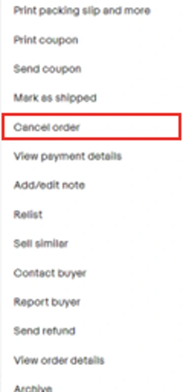 eBay公式の英語メニュー例。赤枠のCancel orderが注文キャンセル
