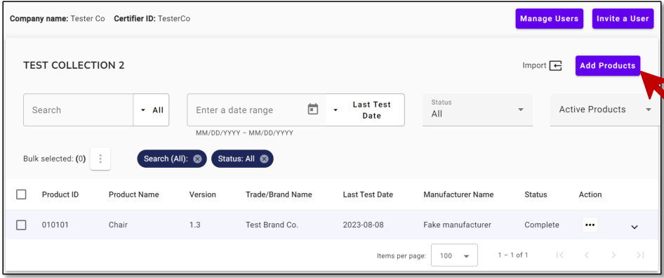 CPSC公式マニュアルのProduct Collection画面。Add Productsから証明書に対応する製品情報を追加する