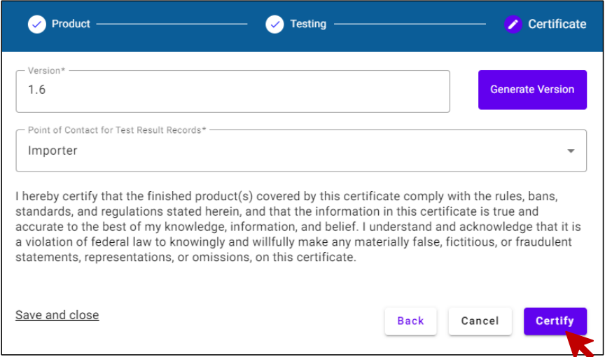 CPSC公式マニュアルのCertificate画面。Version、記録保管者、宣誓内容とCertifyボタンがある
