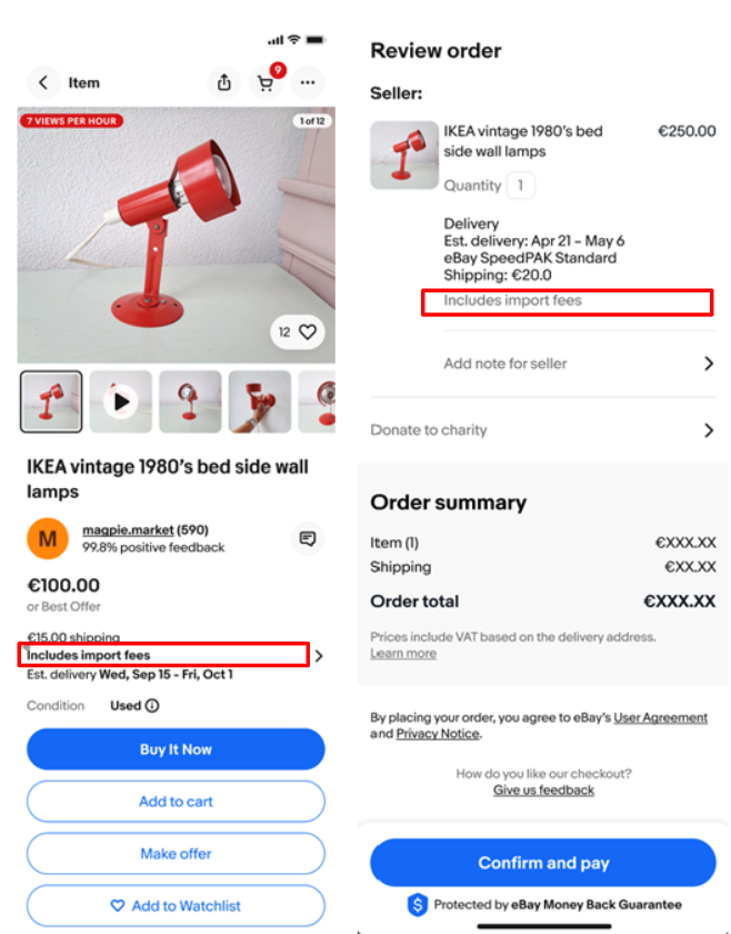 eBay公式が示す商品ページと購入確認画面のincludes import fees表示例