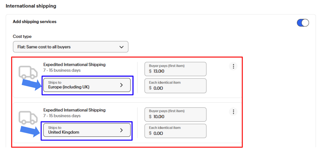 eBay公式のInternational shipping設定例。Europe including UKとUnited Kingdomの配送先・送料を別の行で設定