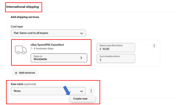 eBay公式の配送ポリシー画面。基本送料とRate Table optionalのCreate newの場所