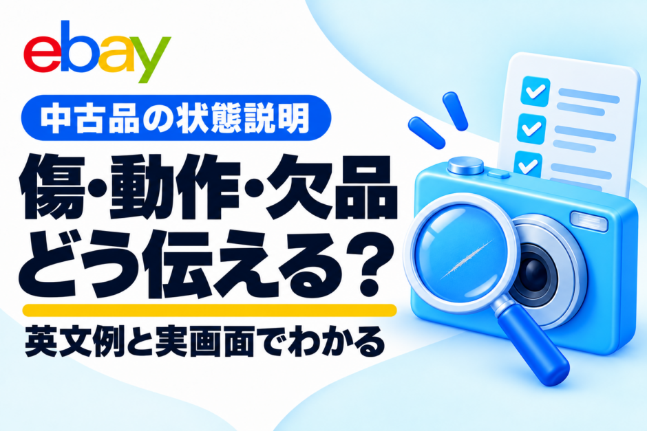 eBay中古品の状態説明。傷・動作・欠品を英文例と実画面で解説