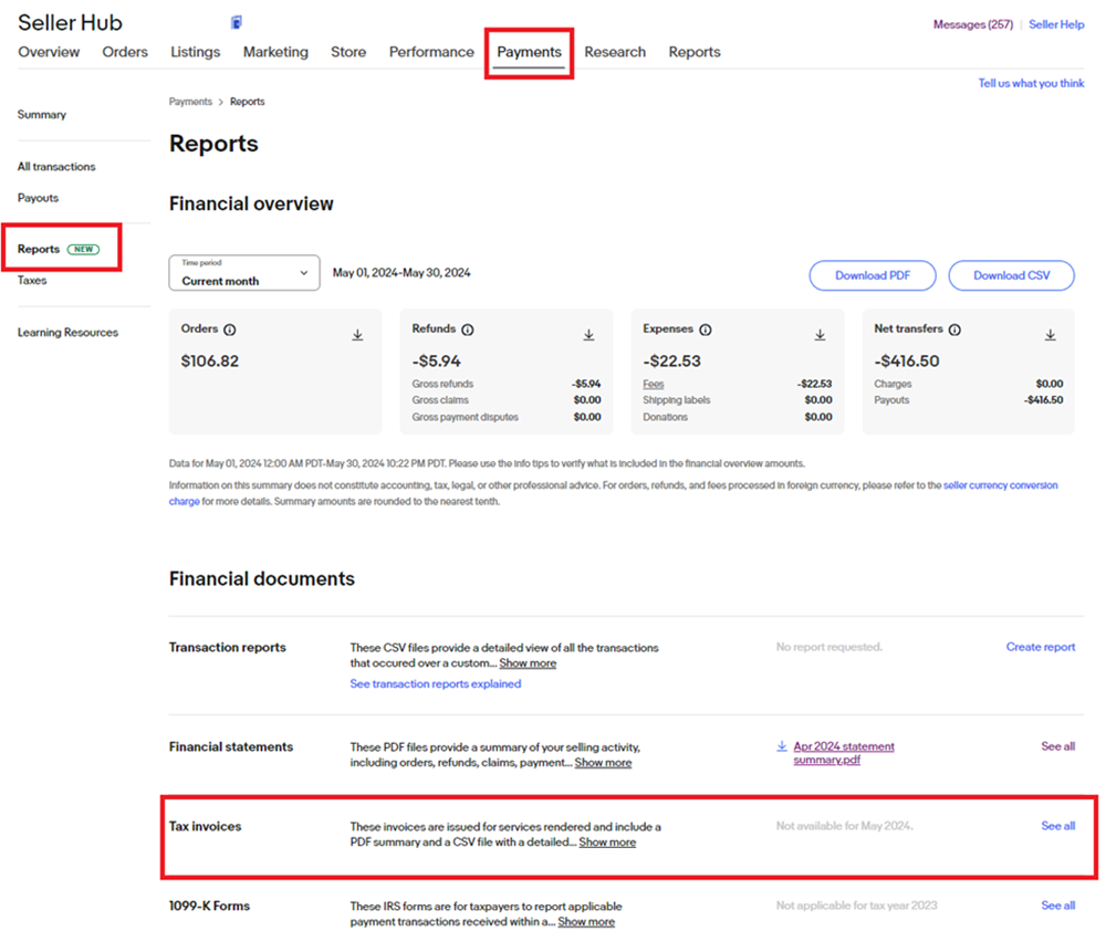 eBay公式のSeller Hub画面。Payments、Reports、Tax invoicesが赤枠で示され、左にAll transactionsも表示されている