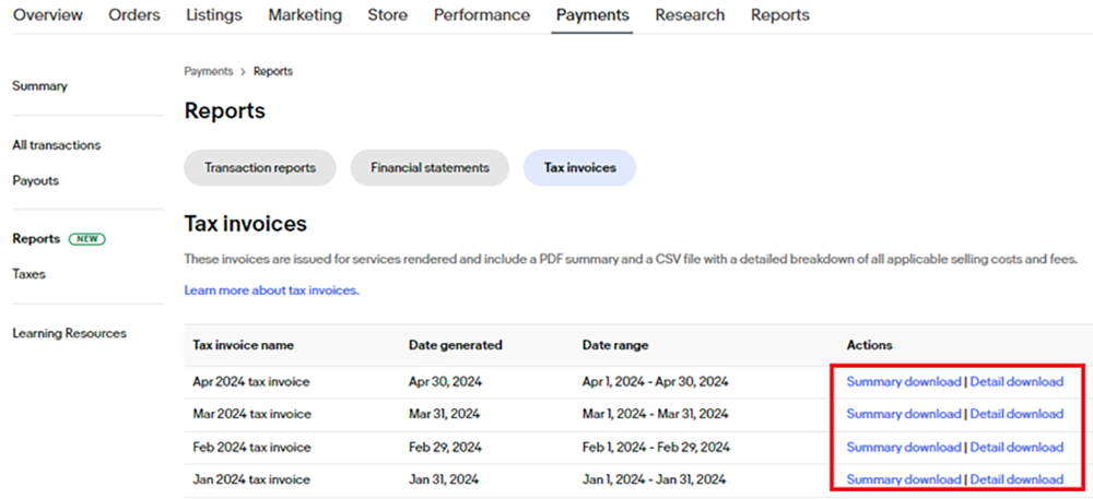 eBay公式のTax invoices一覧。対象月のSummary downloadとDetail downloadが赤枠で示されている