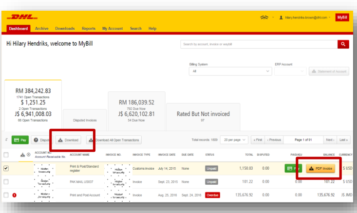 DHL MyBill公式ガイド。対象請求書のチェックボックスとDownloadボタン