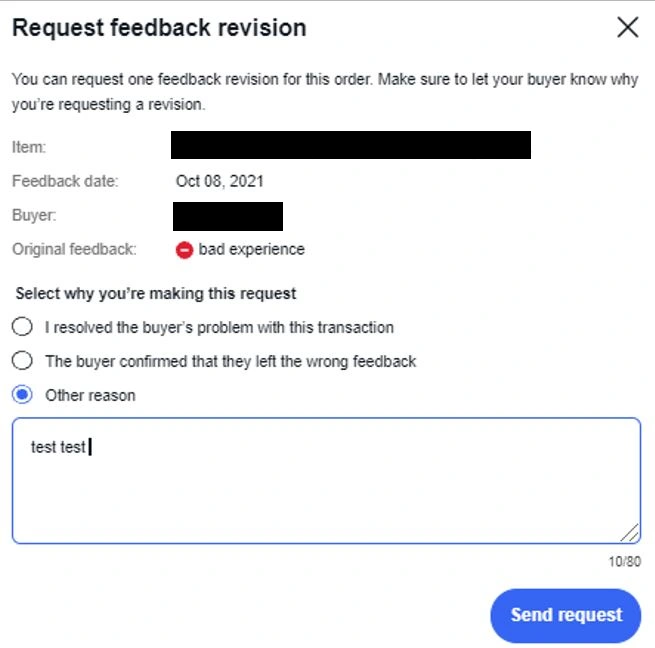 Request feedback revisionで理由とメッセージを入力する参考画面