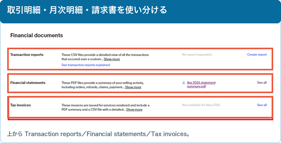 Transaction reports、Financial statements、Tax invoicesの公式画面例
