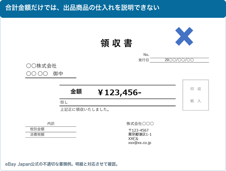 合計金額のみで商品明細がないeBay Japan公式の不適切な書類例
