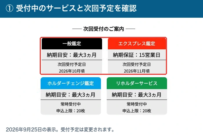 ARS公式の受付予定。一般鑑定とエクスプレス、ホルダーチェンジ、リホルダーは別サービス