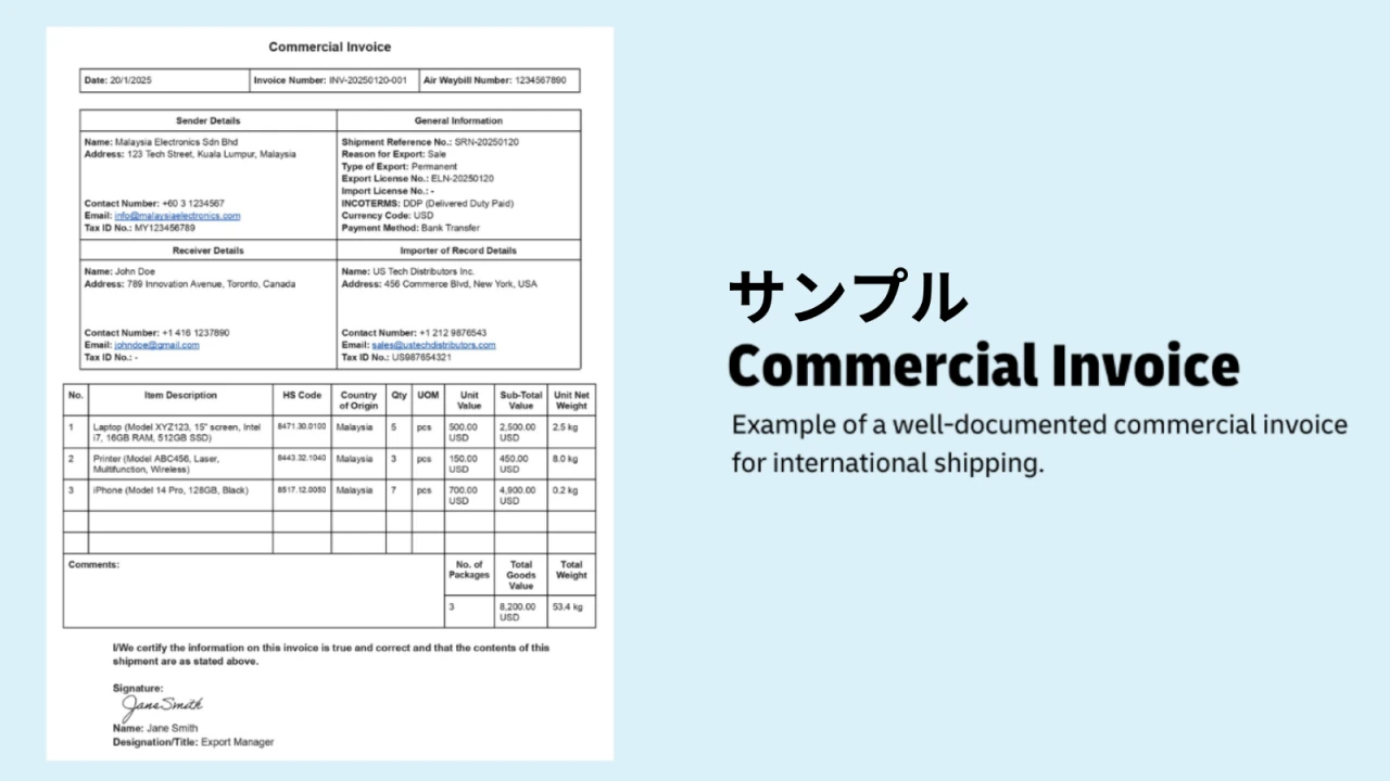 DHL公式が公開しているコマーシャルインボイスのサンプル。上部に当事者情報、中央に品目明細、下部に合計・署名がある