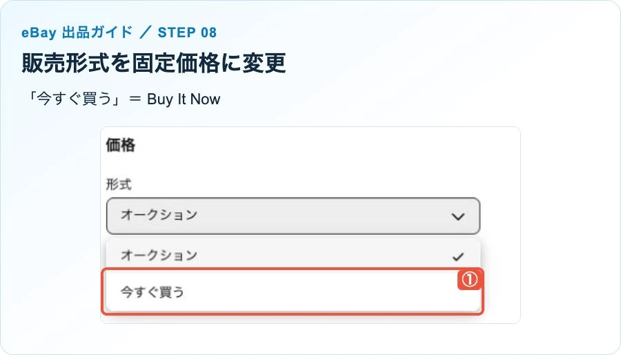 販売形式のメニューでオークションから今すぐ買うに変更する画面