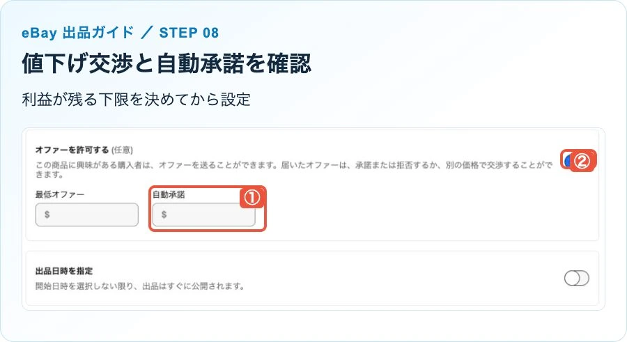 オファーを許可するスイッチと最低オファー・自動承諾の入力欄