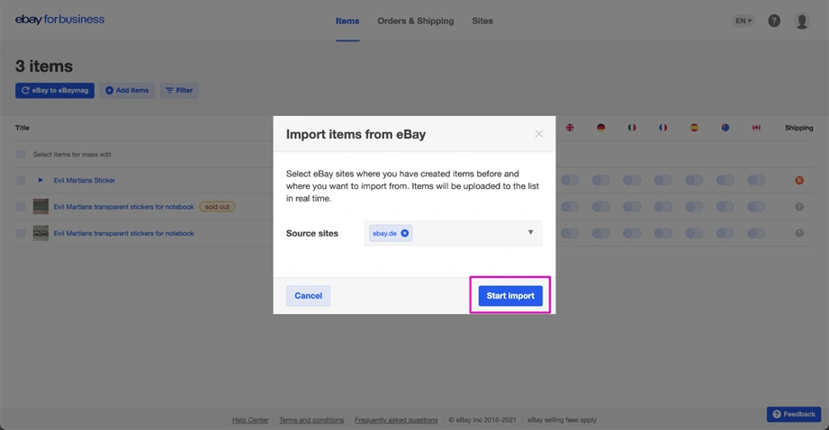 インポート元サイトとStart importの確認画面