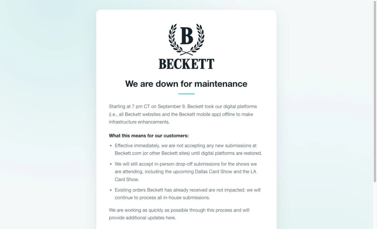 Beckett公式サイトのメンテナンスとオンライン新規提出停止の案内