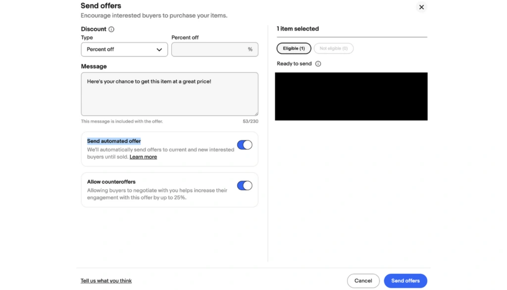 Send offersの割引入力と自動送信、カウンターオファー設定