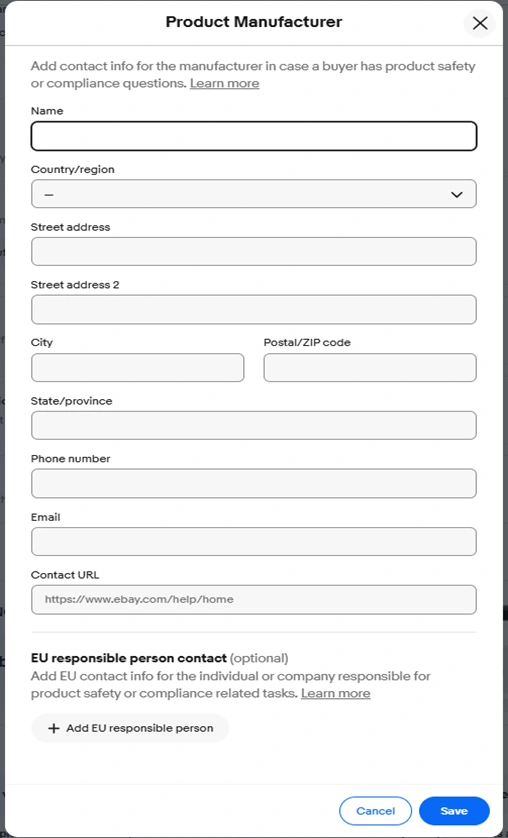 eBay公式のProduct Manufacturer入力画面。Name、住所、Email、Contact URLの各欄