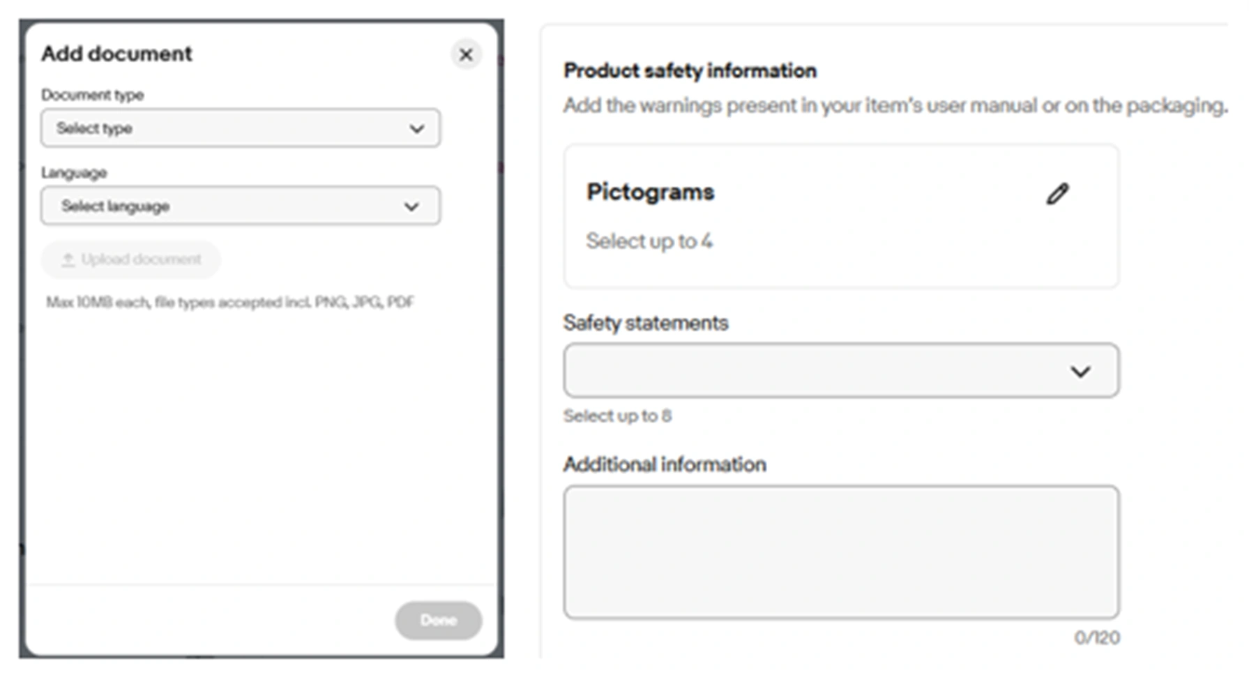 eBay公式画面。左がProduct documents、右がProduct safety information