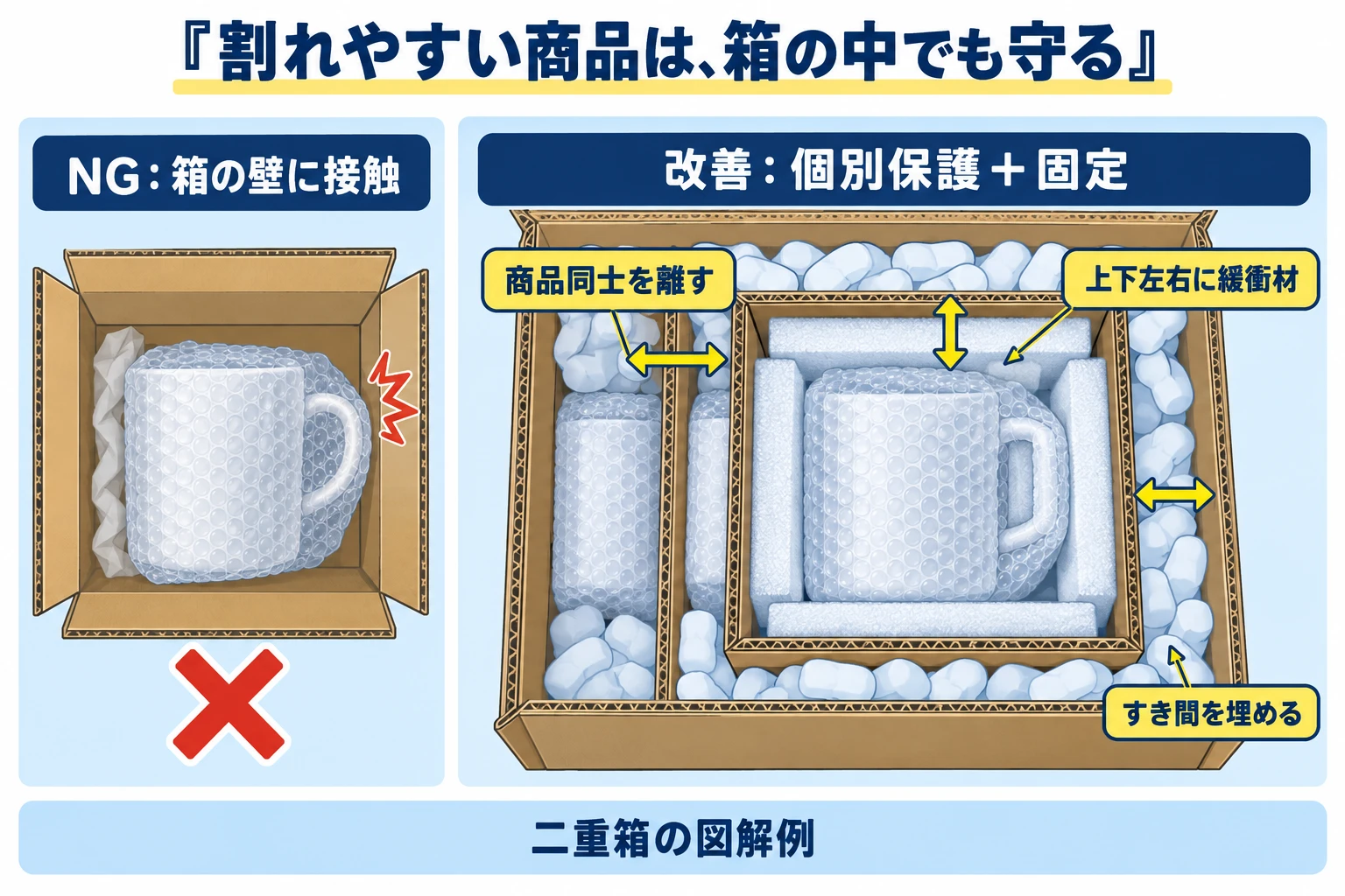 割れやすい商品の梱包図解。箱との接触を避け個別保護と二重箱で固定する