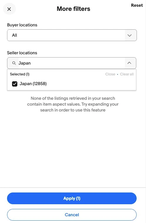 More filtersのSeller locationsでJapanを選択した画面