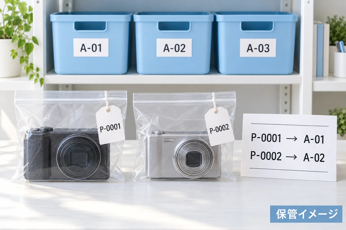 商品番号P-0001とP-0002を、棚A-01とA-02に対応づけた保管イメージ
