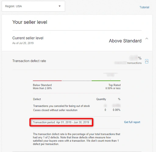 eBay公式画面例のTransaction defect rateとTransaction periodの表示