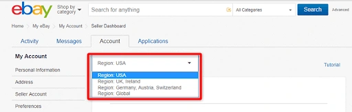 eBay公式のSeller Dashboard画面例でRegionの地域選択を赤枠表示