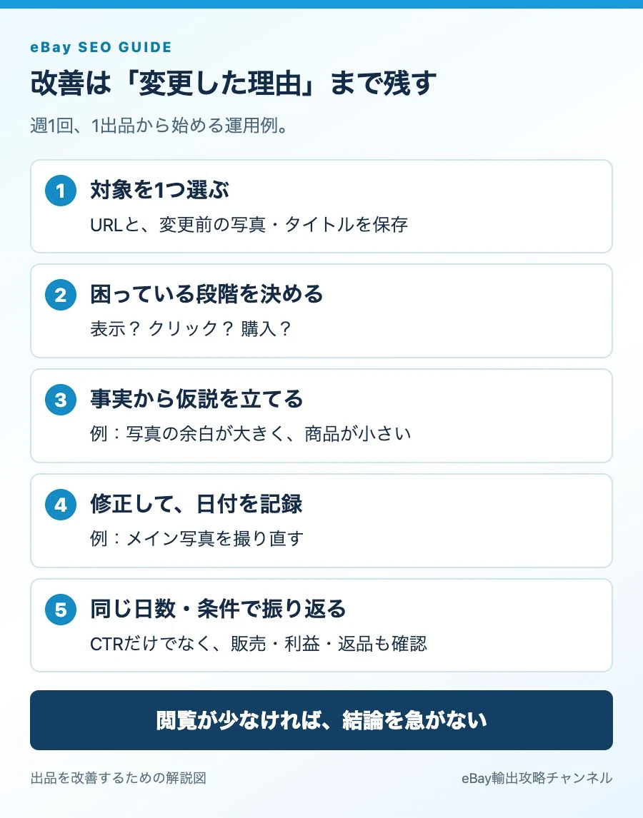 対象出品を1つ選び、問題を仮説にし、変更前後を同じ条件で記録する5ステップ