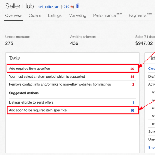 eBay公式Seller HubのTasks例。Add required item specificsとAdd soon to be required item specifics