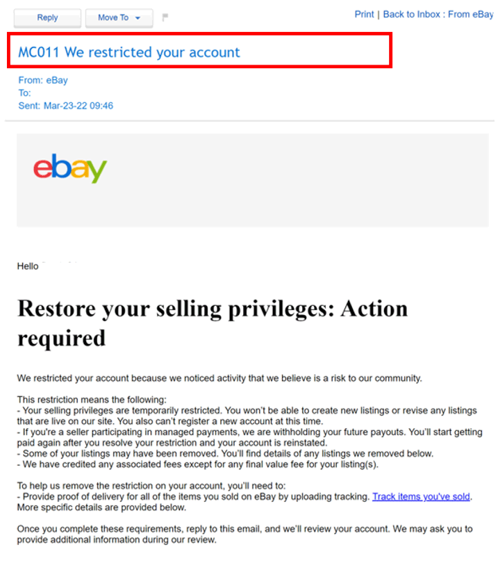eBay Japan公開のMC011通知例。下部に配達証明・追跡情報の登録と対応後の返信が案内されている