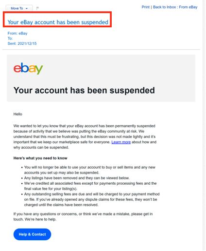 eBay Japan公開の停止通知例。件名と末尾のHelp & Contactボタンを確認する