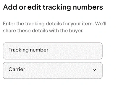 eBay公式の追跡番号入力例。Tracking numberとCarrierを設定する