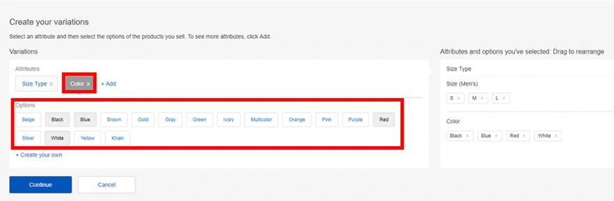 AttributesでColor、Optionsで各色を選ぶ画面