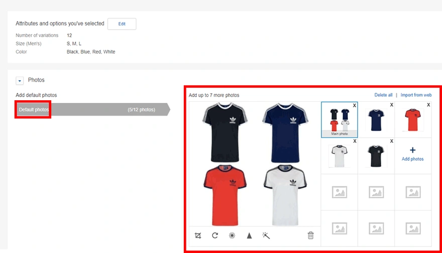 Default photosに共通の商品写真を登録する画面