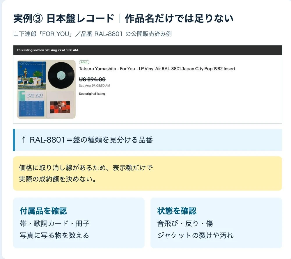 山下達郎FOR YOUの販売済み画面。品番・付属品・取り消し線付き価格を読む
