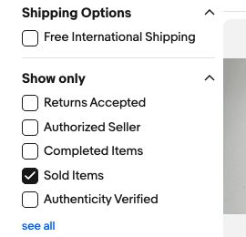 eBay検索のShow onlyでSold Itemsにチェックした実画面