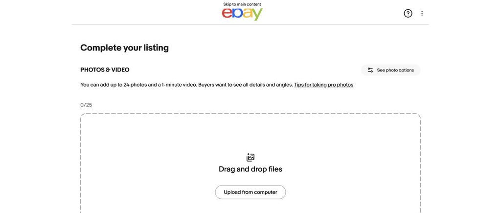 eBayのPhotos and VideoとUpload from computerボタン