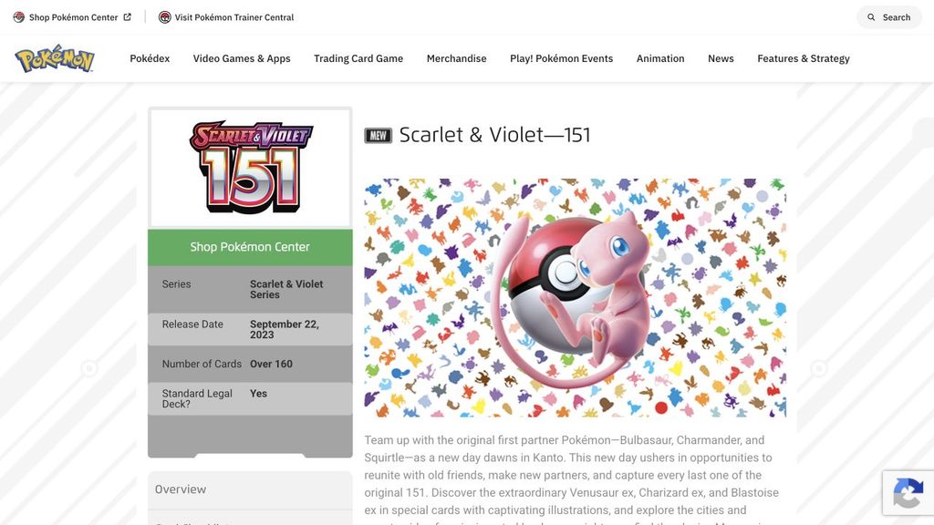 海外公式のセット紹介ページ。上部にScarlet & Violet—151と表示されている