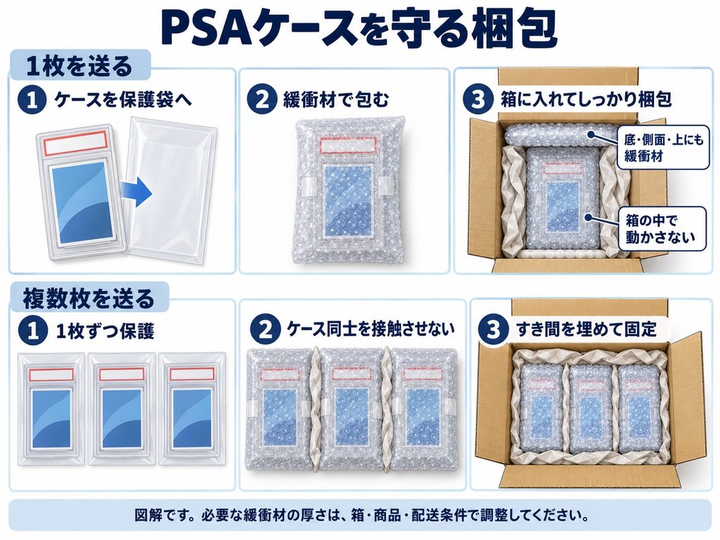 PSAケース1枚と複数枚を保護袋・緩衝材・箱で保護する6コマ図解