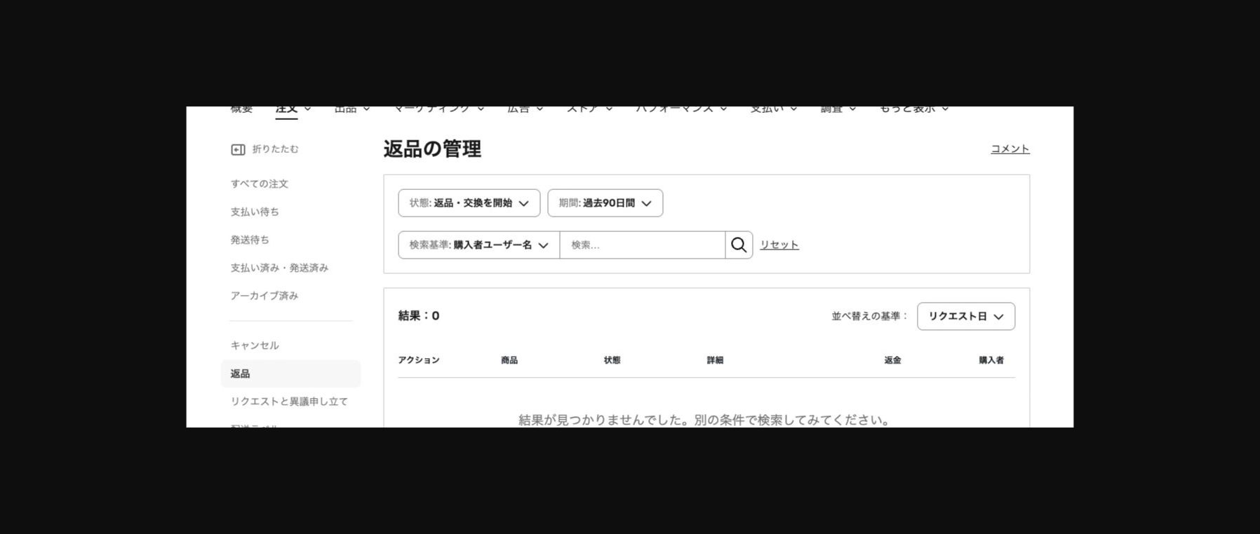 返品の管理画面。左の返品メニュー、状態と期間、検索条件に番号を付けた図