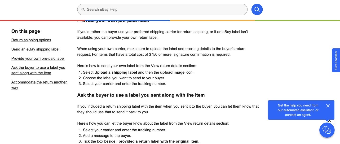 eBay公式ヘルプのUpload a shipping label、ファイル選択、配送会社と追跡番号入力の3手順