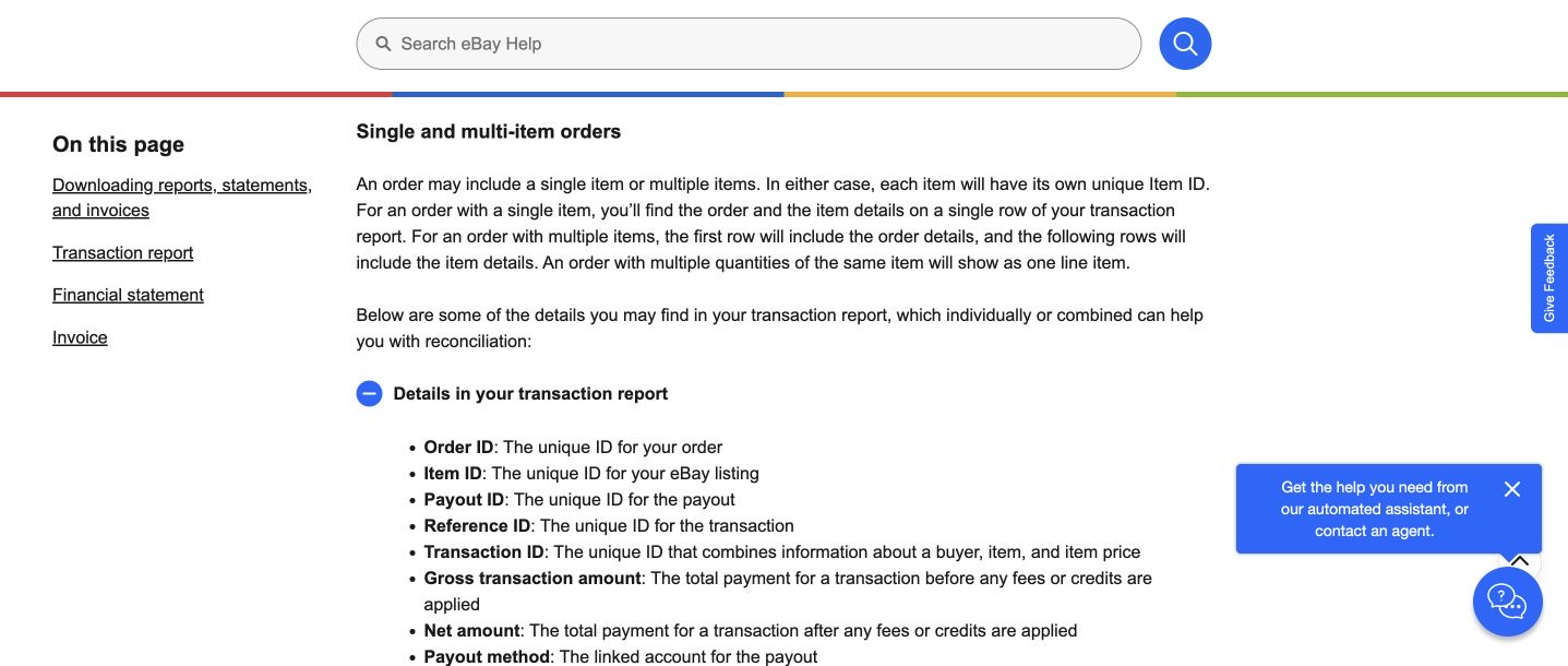 eBay公式の取引レポート用語説明。Order ID、Payout ID、Net amountを強調