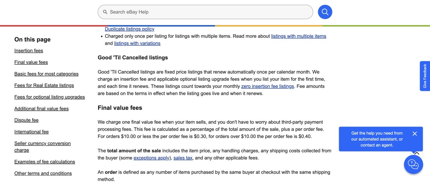 eBay公式の落札手数料説明。率と注文ごとの固定額、送料や税を含む計算対象を強調