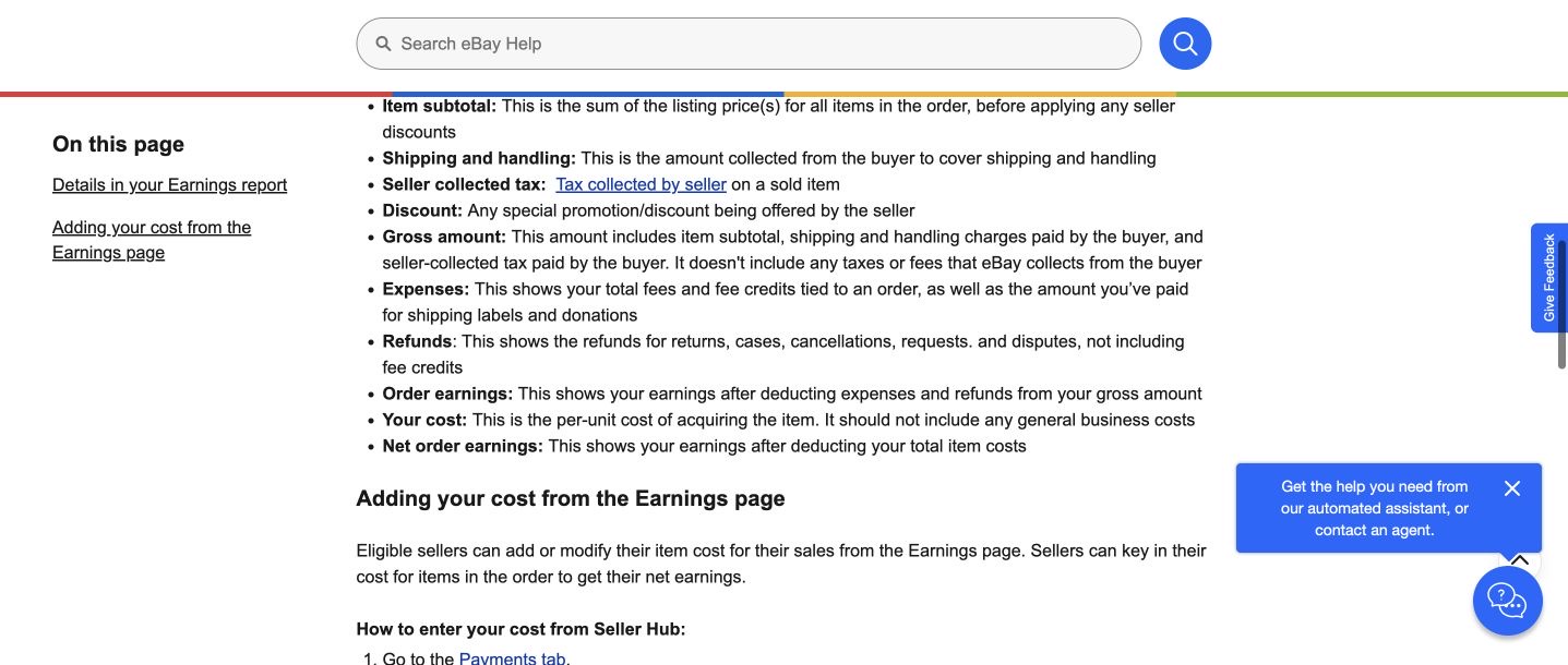 eBayの注文別収益レポートでOrder earnings、Your cost、Net order earningsの違いを確認