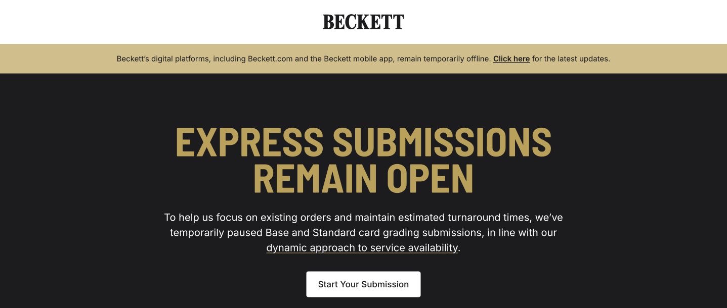 Beckett公式の臨時案内。card gradingという対象表記と申込リンクを確認