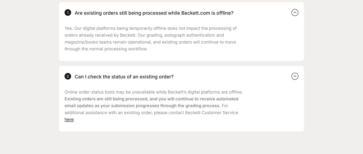 Beckett公式FAQの既存注文処理とメール更新・問い合わせの案内